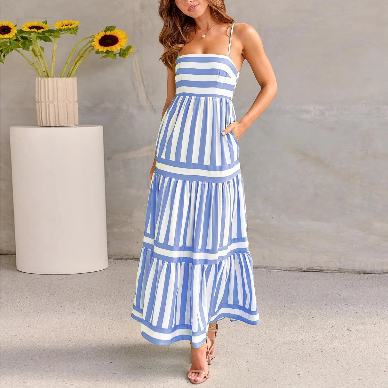Women's striped backless summer dress with suspender straps and side pockets in polyester spandex fabric