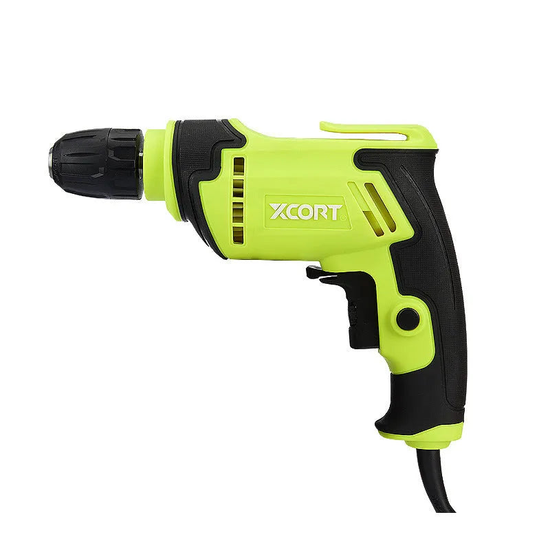 450W pistol grip electric drill with 10mm chuck on a workbench.