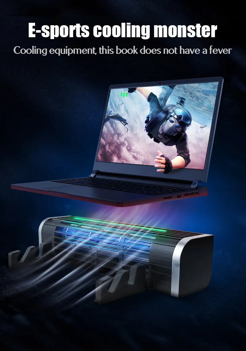Black aluminium notebook cooling pad with USB cable and integrated fan for laptops.