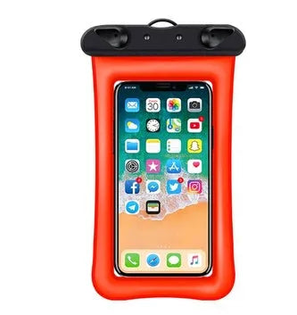 Orange waterproof phone pouch with clear window and black neck rope on a blue background.