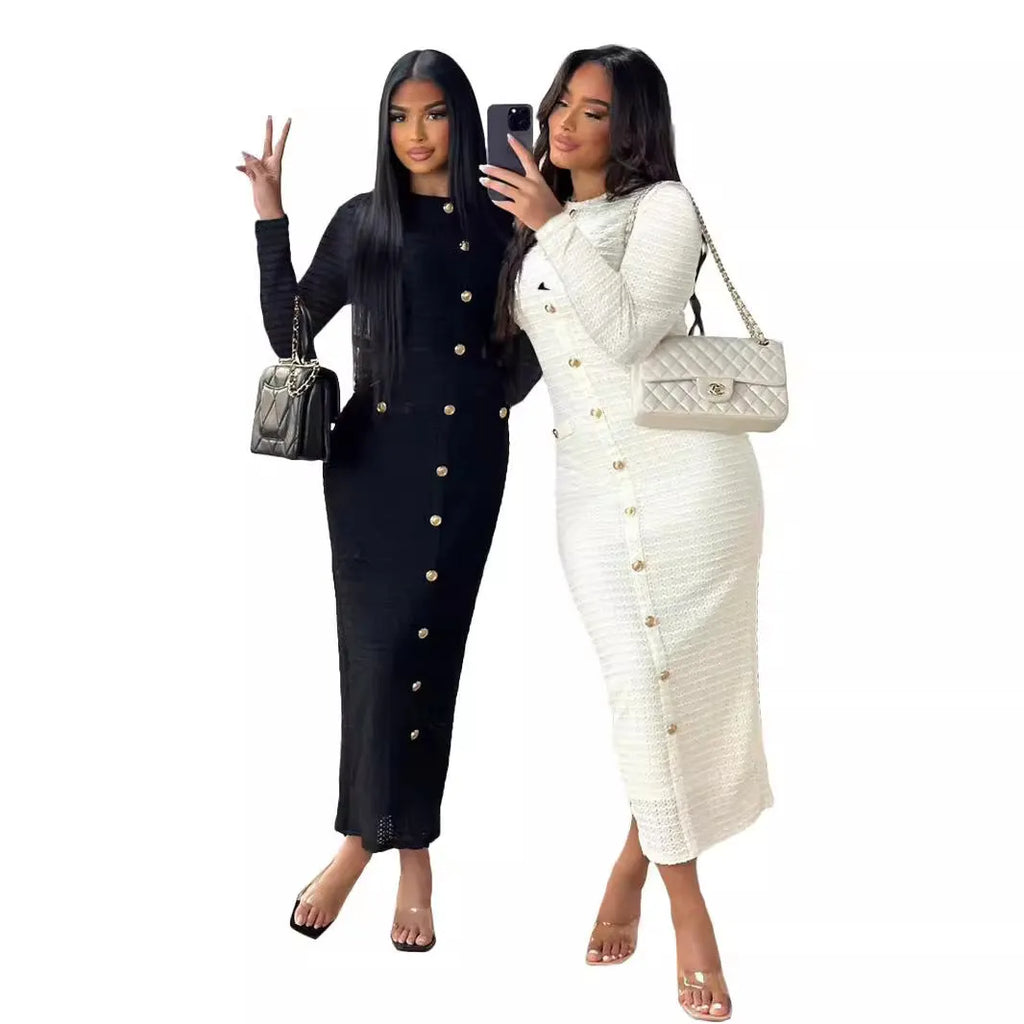 Retro slim fit knitted long-sleeved dress with one-step skirt and button detailing