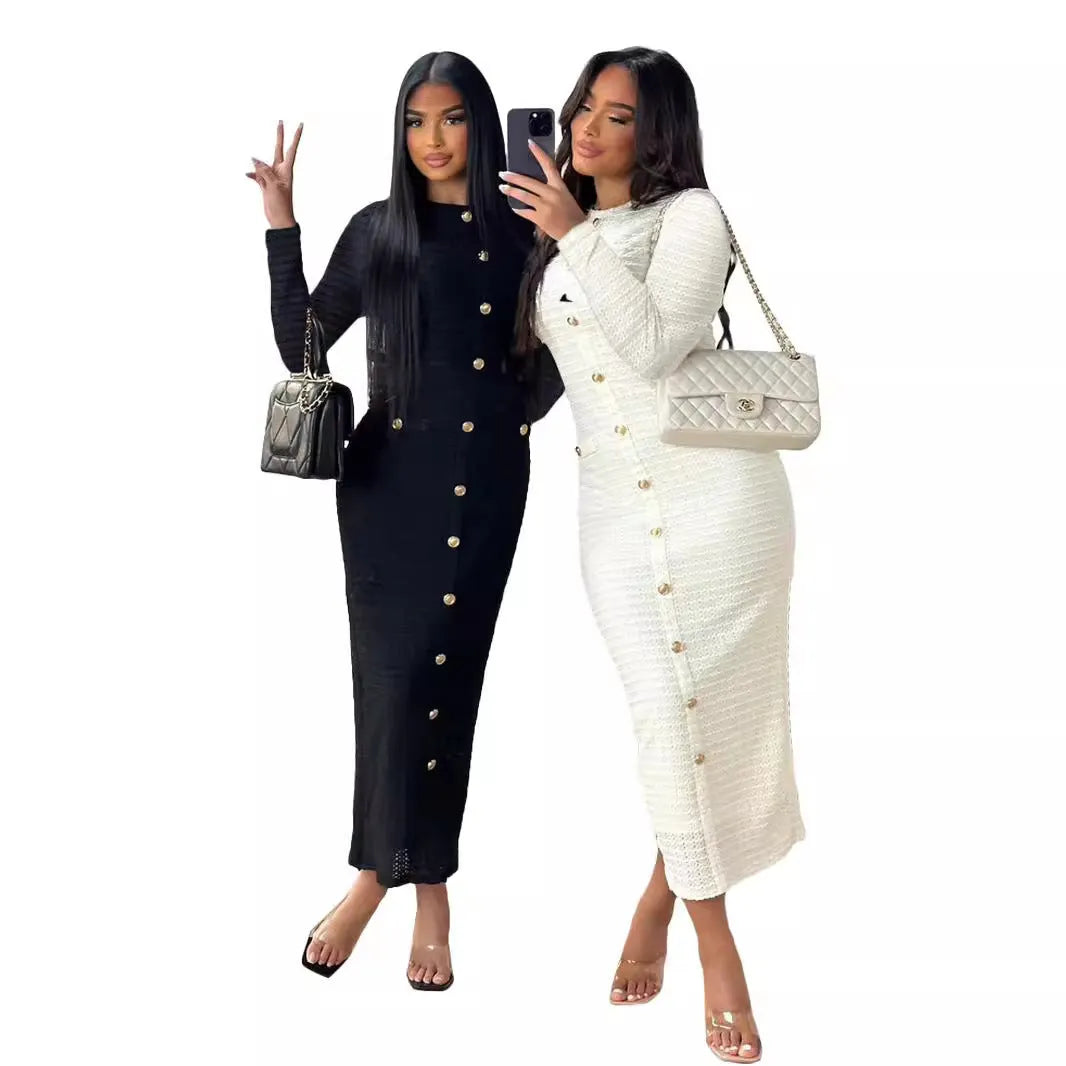 Retro slim fit knitted long-sleeved dress with one-step skirt and button detailing