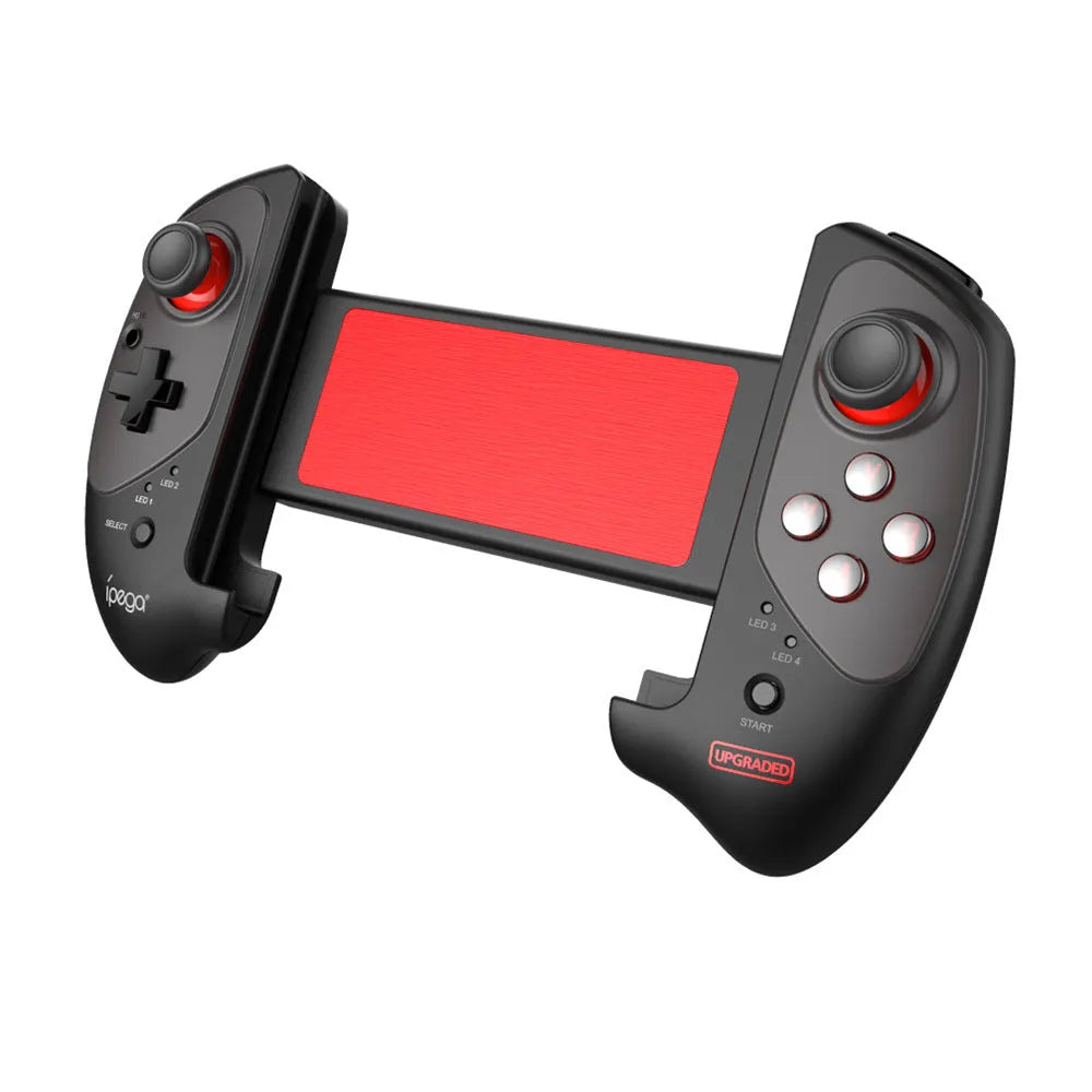 Red telescopic Bluetooth gamepad holding a smartphone, with a USB cable for PC connection.