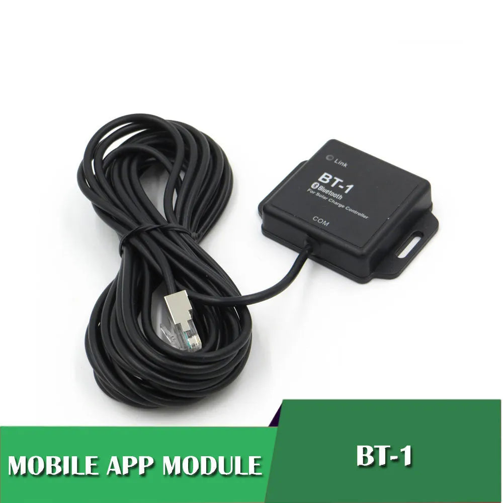 BT-1 model solar panel charge controller with Bluetooth module for 12V/24V battery systems.