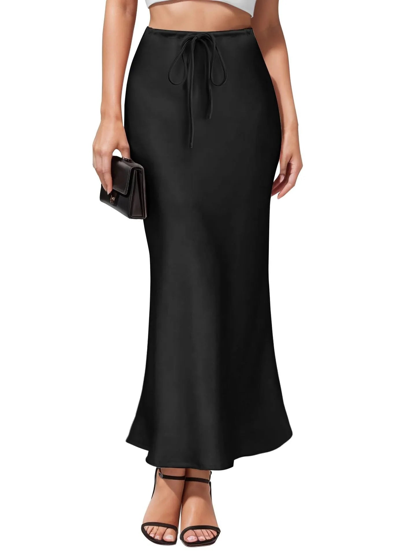 Asymmetric acetate satin skirt in milky white showing high waist design and irregular stitching detail