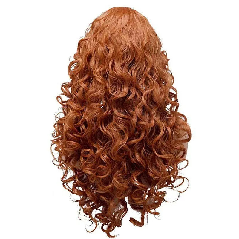 Brown long wavy curly exotic style synthetic wig on wig head