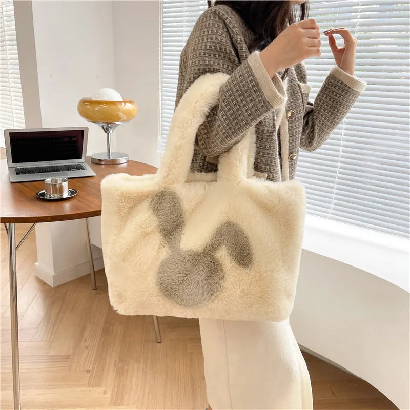 Plush cartoon rabbit ears shoulder bag in solid colour with large capacity design