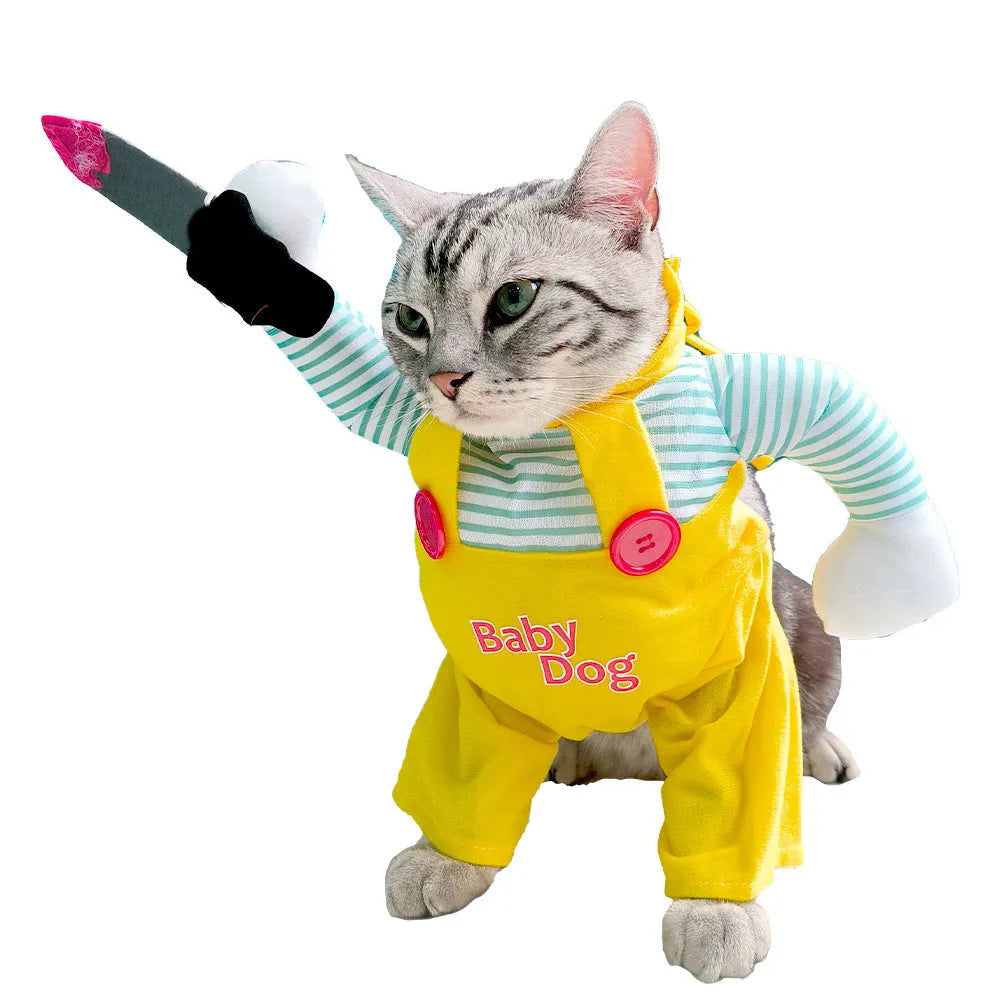 Yellow knife assassin costume for cats with polyester construction available in sizes S M L XL
