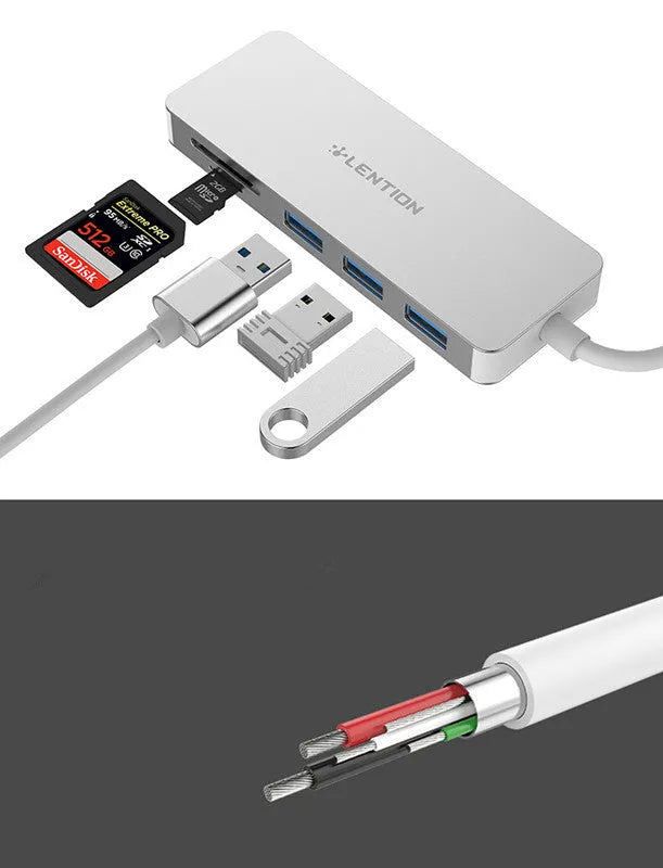 USB 3.0 hub card reader with three ports SD and TF slots in dark grey