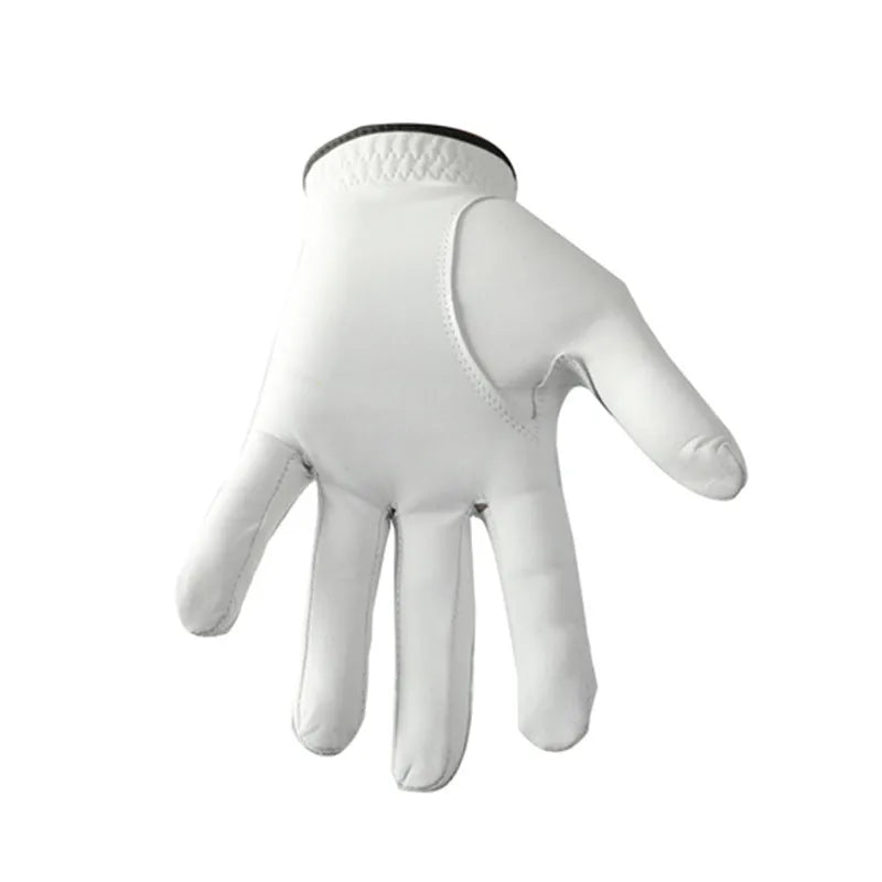 Men's white half sheepskin golf glove showing breathable construction and non-slip surface