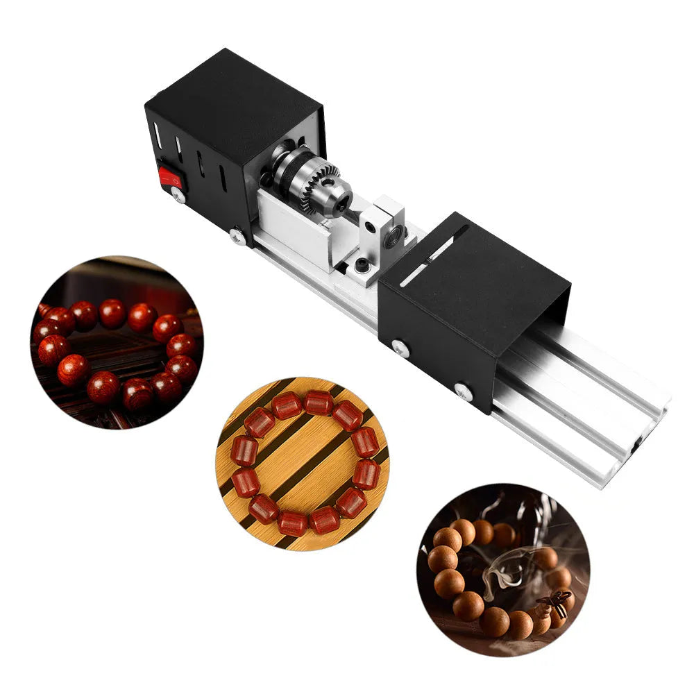 Mini silver metal woodworking lathe with carving knives on benchtop for small-scale turning projects