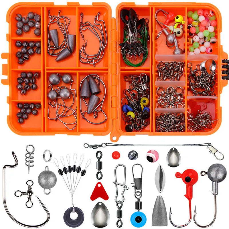 Orange ABS plastic box open to show compartments filled with fishing hooks and lure accessories.
