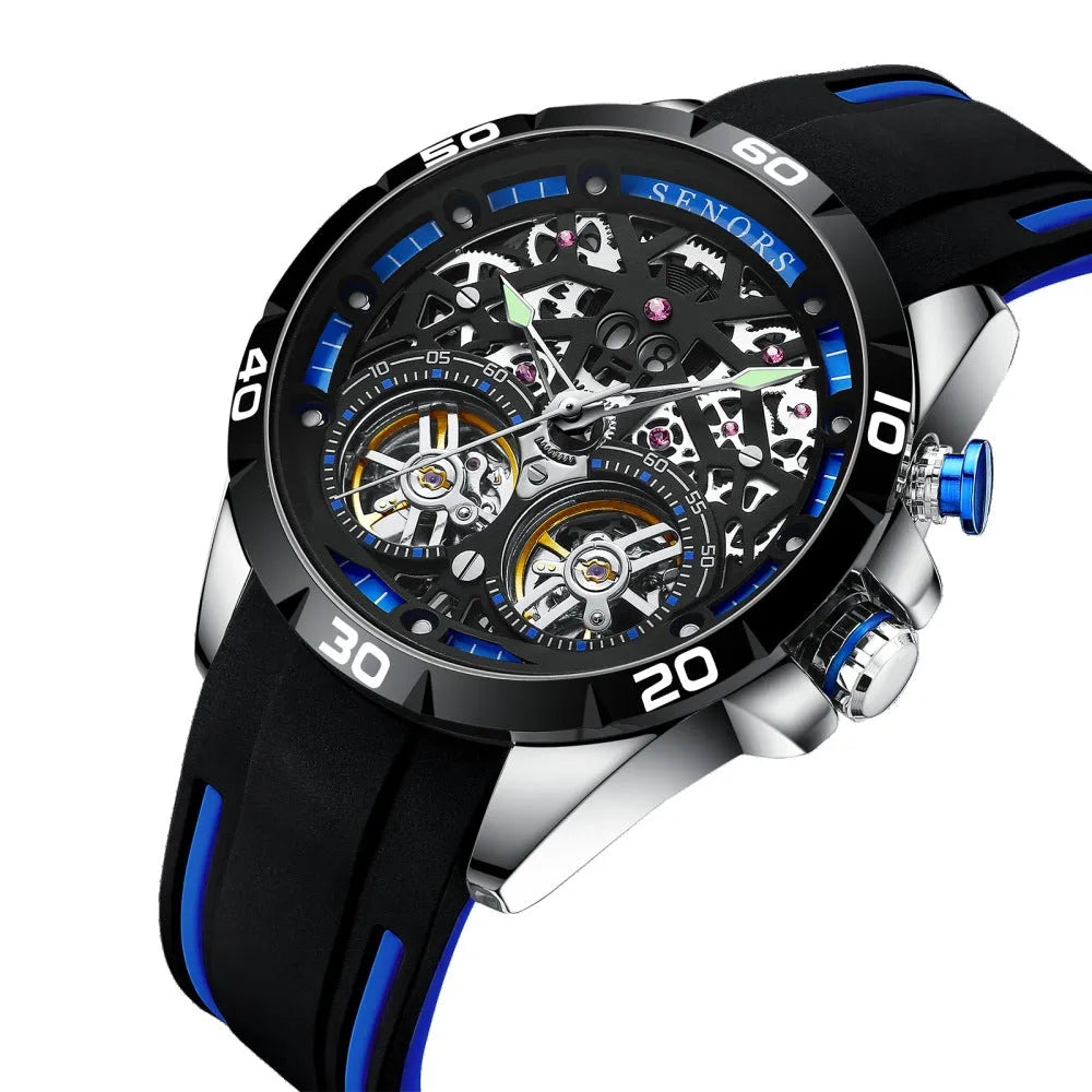 Men's automatic mechanical watch with luminous hollow skeleton dial in blue or red colours