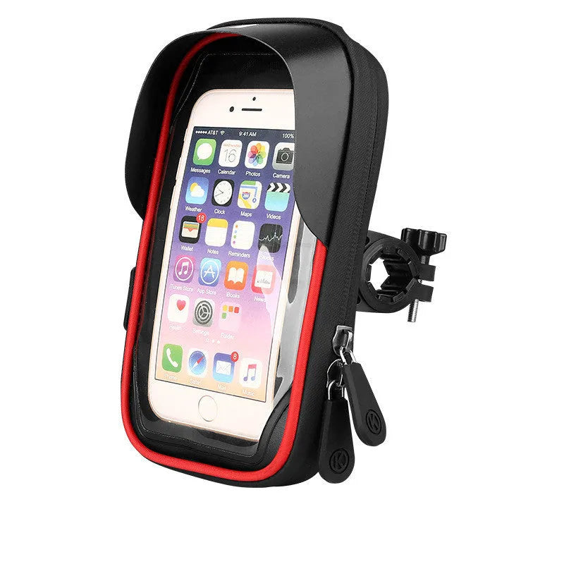 Waterproof bicycle mobile phone holder showing laminated zipper and TPU touchscreen panel