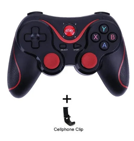 Black X3 Bluetooth wireless game controller with attached phone clip for Android smartphones
