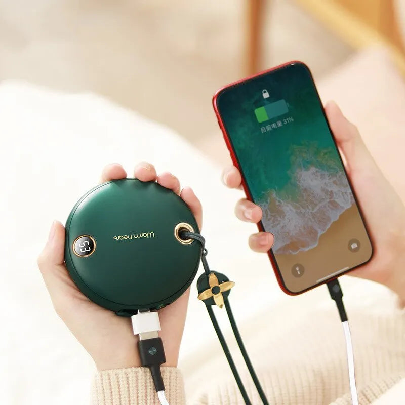 Green hand warmer power bank with digital display showing battery level, measuring 89.5mm with USB Type-C port