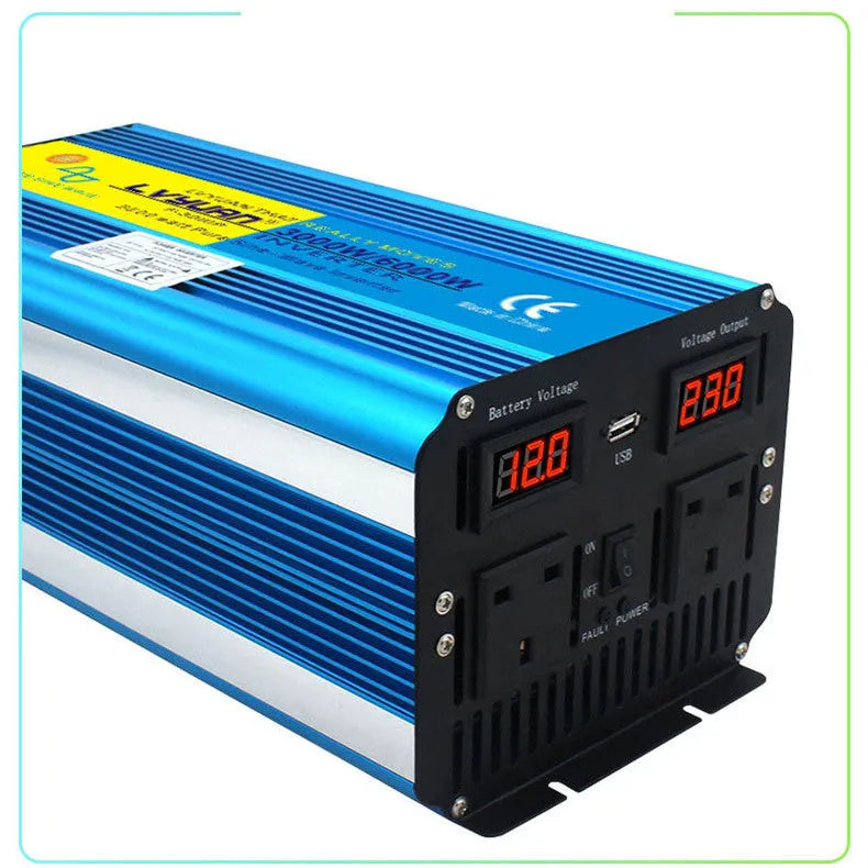Blue car power inverter with digital display and UK sockets