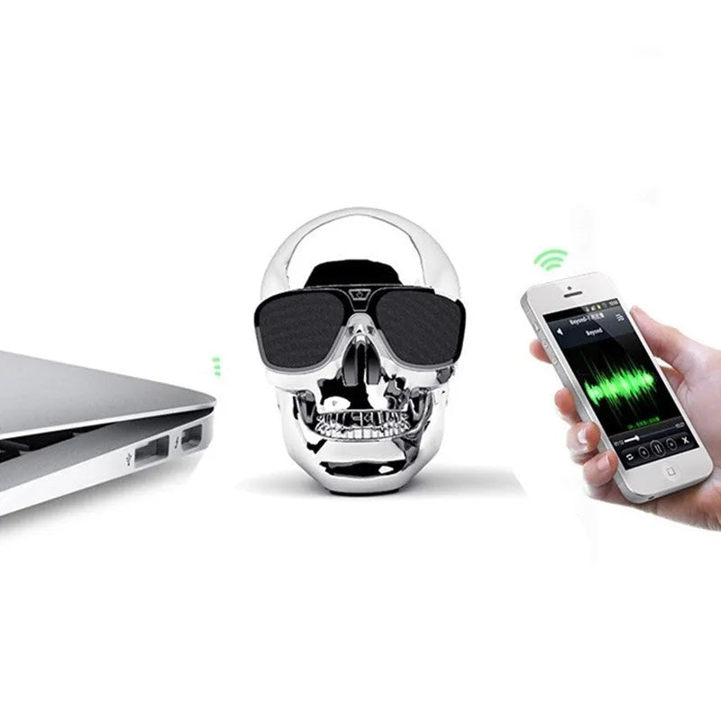 Skull-shaped wireless Bluetooth speaker showing front view with controls and available colour options