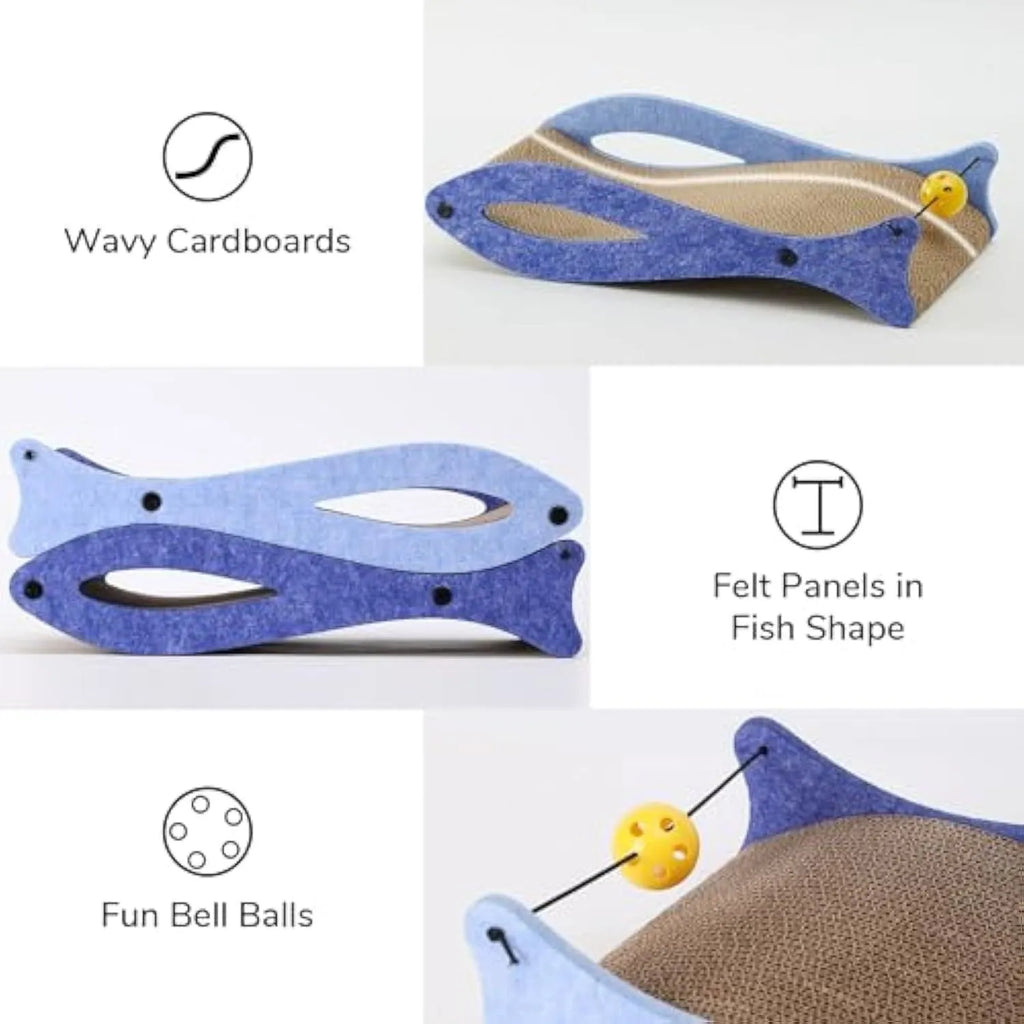 Blue fish-shaped cardboard cat scratcher with bell ball toys on elastic cord