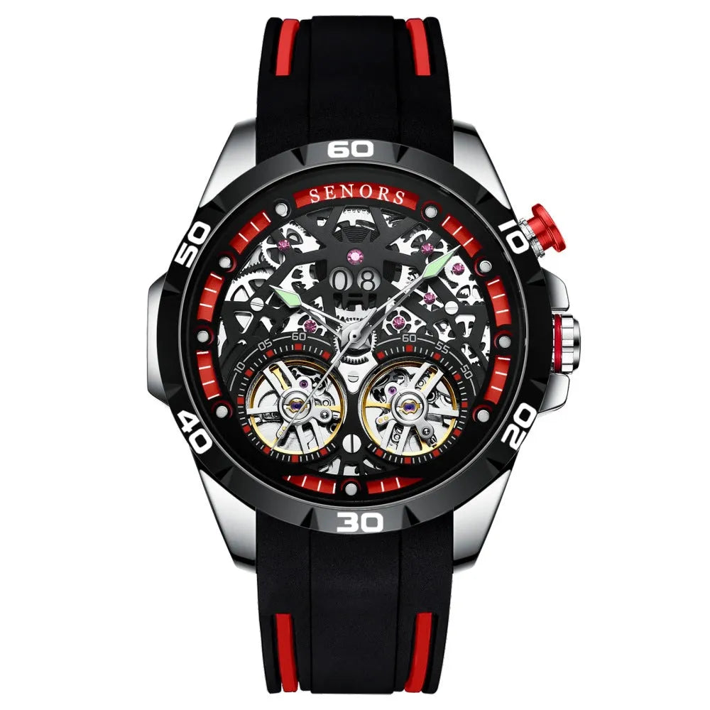 Men's automatic mechanical watch with luminous hollow skeleton dial in blue or red colours