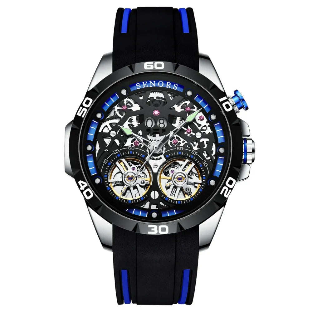 Men's automatic mechanical watch with luminous hollow skeleton dial in blue or red colours