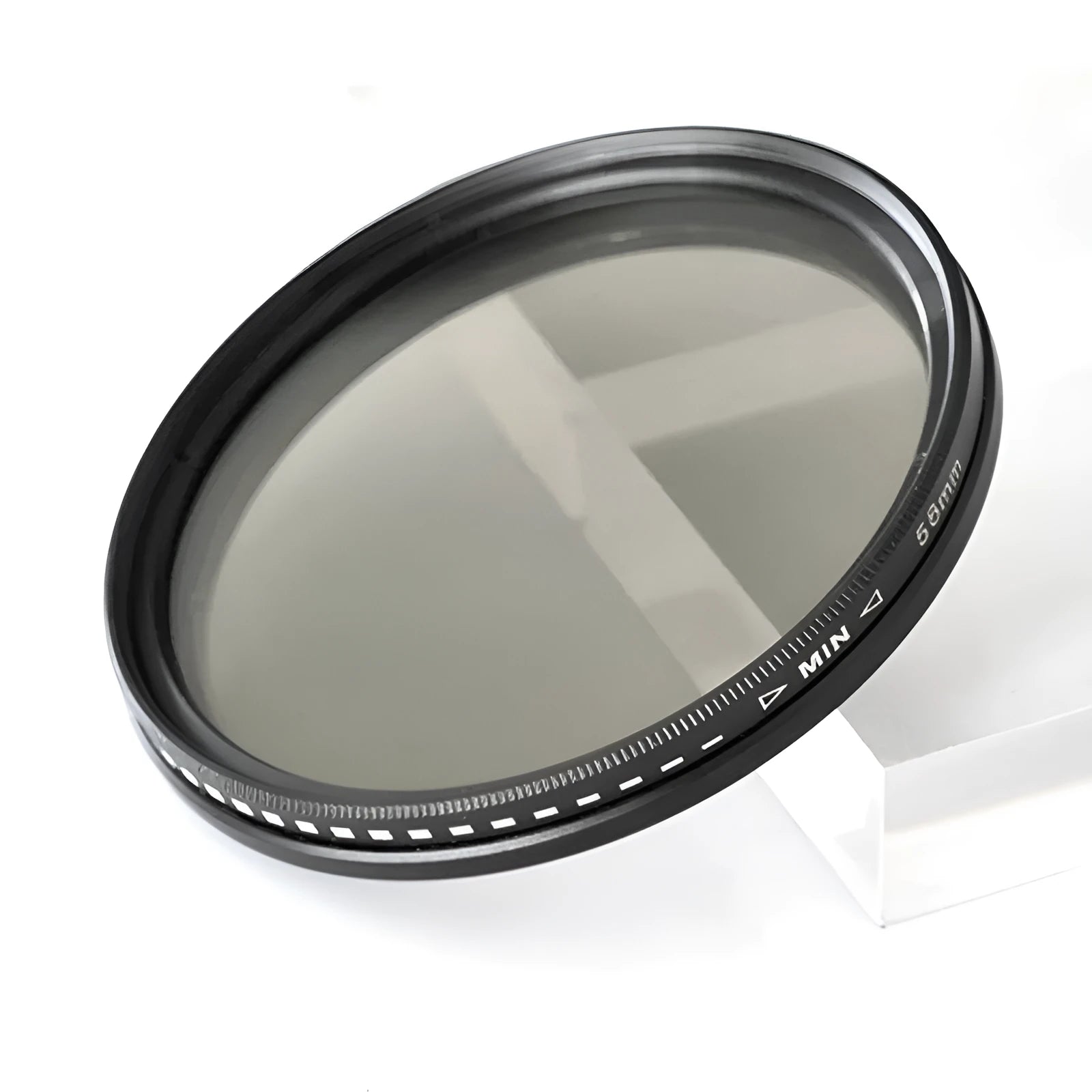 Adjustable camera ND filter kit with four density filters and a set of multi-diameter metal adapter rings.