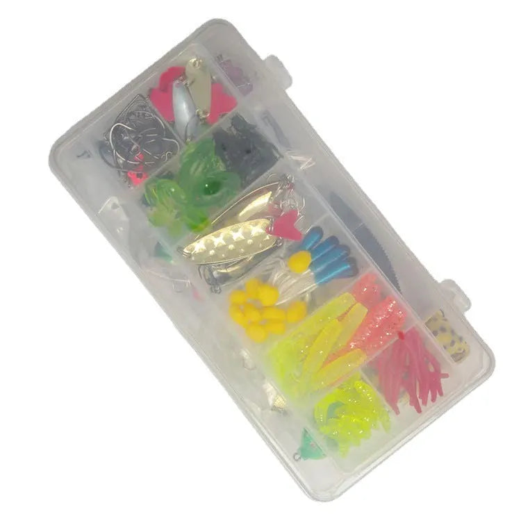 142-piece fishing lure set showing hard minnow lures with sequins, various baits, and fishing pliers in tackle box
