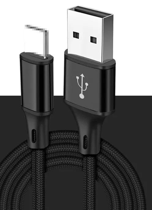 Black USB to TYPE C mobile phone charging cable shown at 2 metre length.