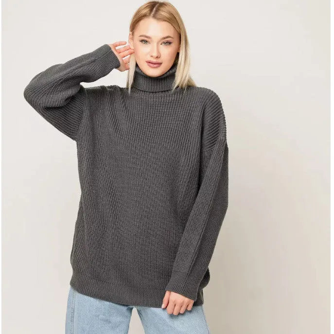 Women's high neck pullover sweater in imitation cashmere, shown in a solid colour with a textured 3D pattern.
