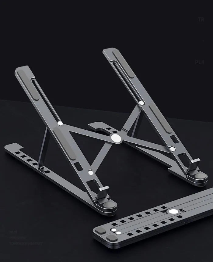 Aluminium laptop stand folded and unfolded showing adjustable height mechanism in silver finish