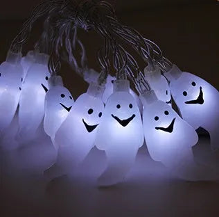 Halloween LED string lights with pumpkin, bat and ghost pendants on 1.2 metre white cable