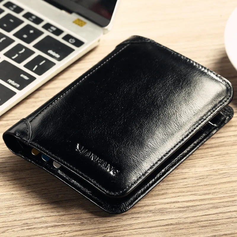 Men's leather wallet showing internal organisation compartments for cards, cash and coins