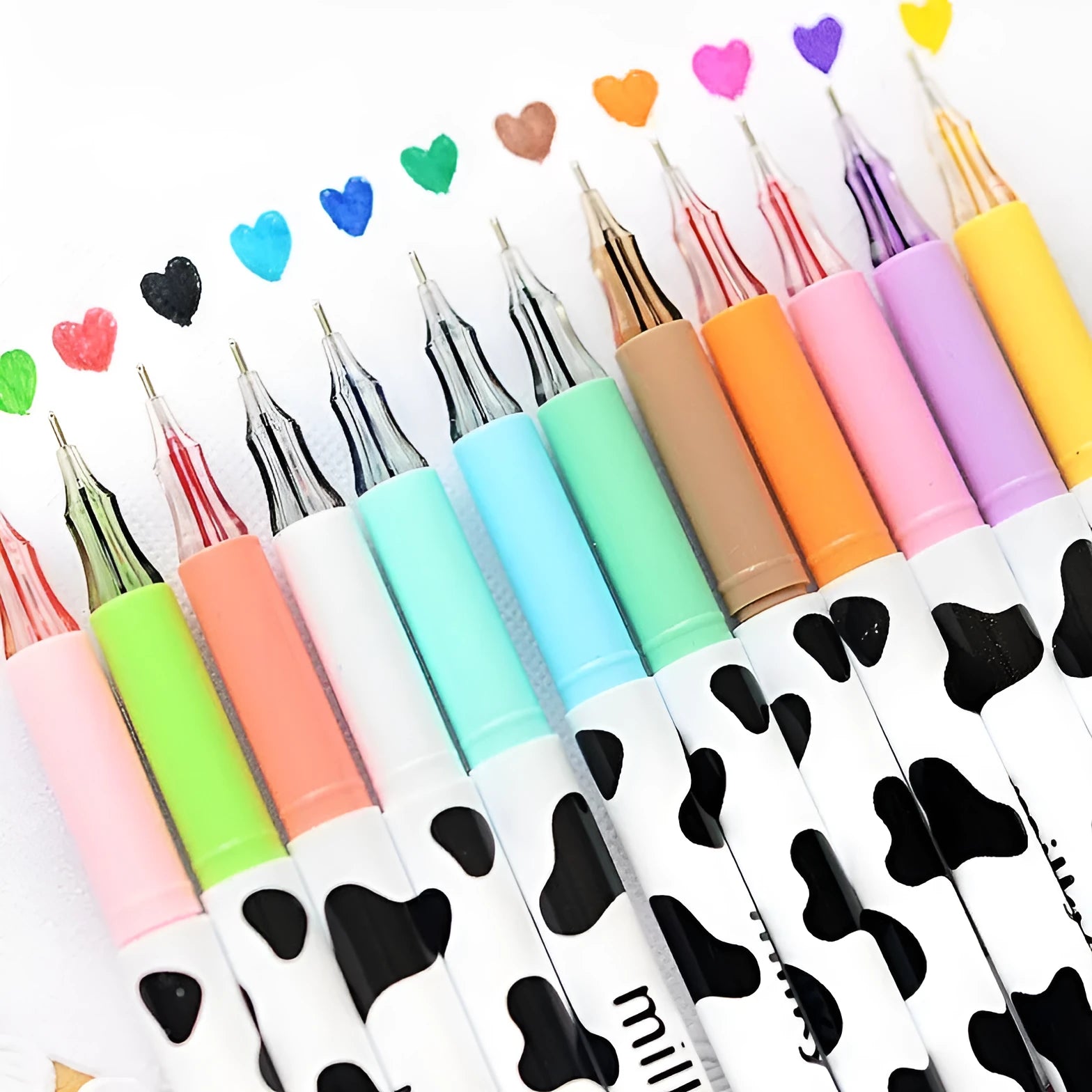 Cow colour gel pen set showing 12 different ink colours with 0.38mm tips in plastic shells