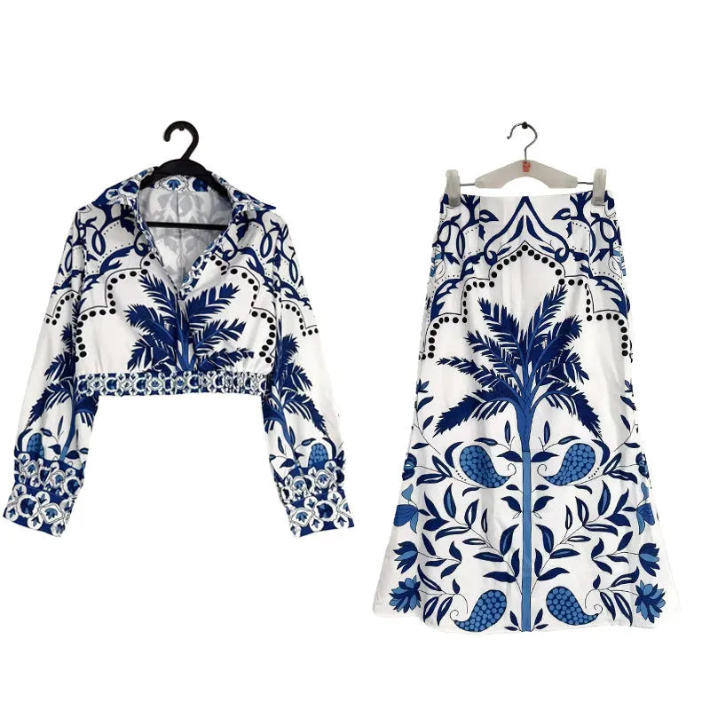 Women's casual co-ord set with long sleeve top and matching long skirt in picture colour