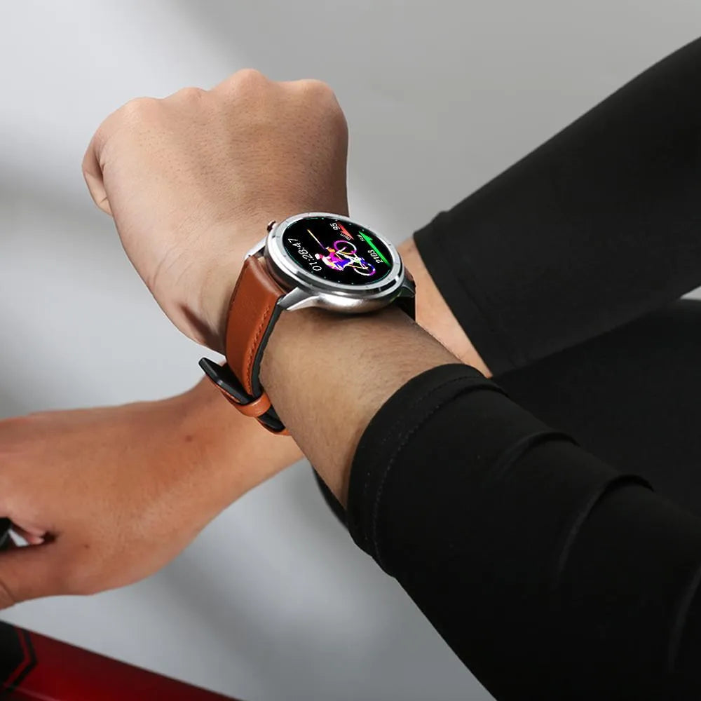 LEMFO LF26 smart bracelet showing its 1.3-inch screen, worn on a wrist, available in black, brown silver, and silver colours.