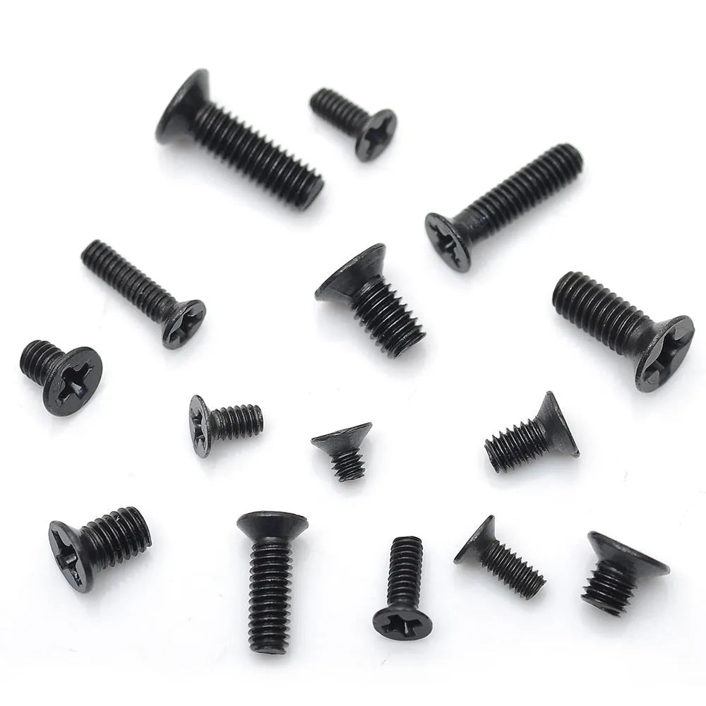 Black countersunk head laptop screws with cross groove, showing diameter and length scale.