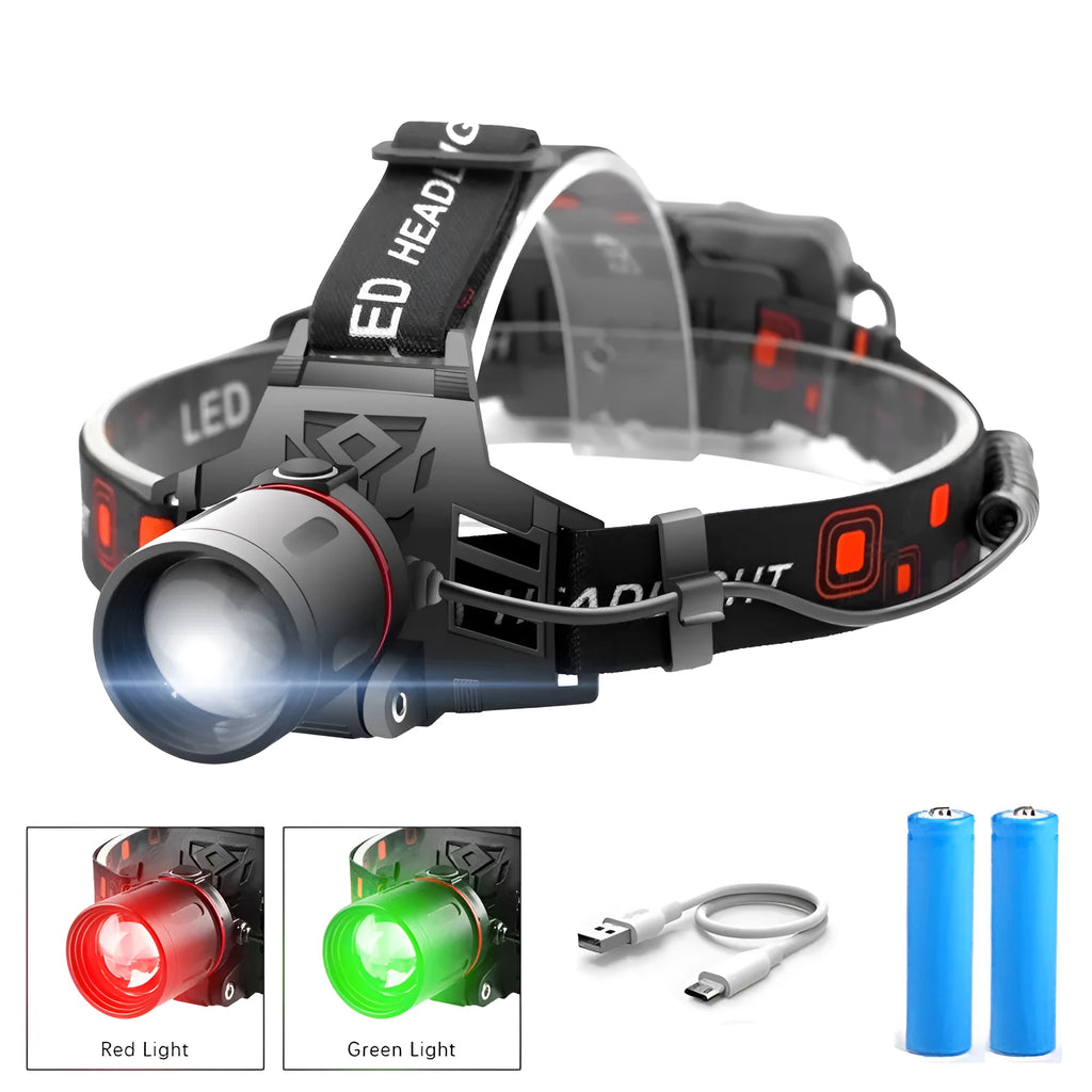 T6 LED zoom headlamp showing white, green, and red light modes with adjustable focus.