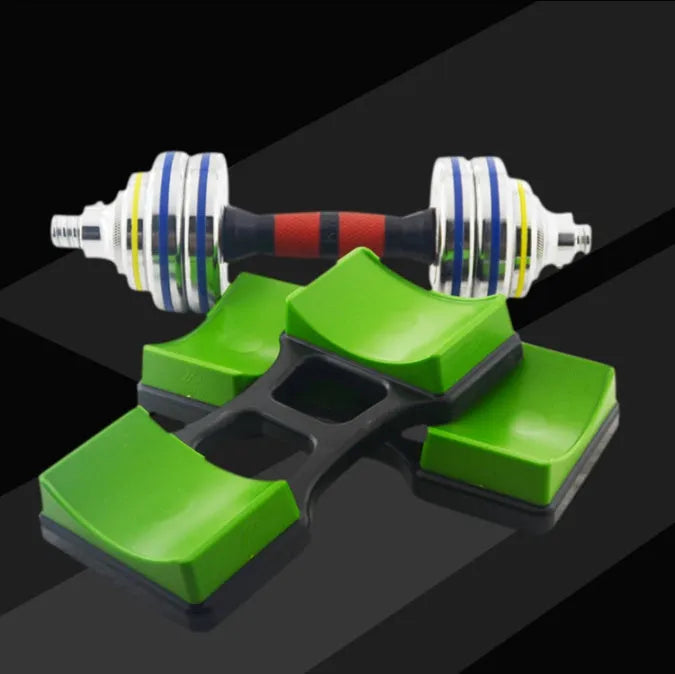 Grey ABS dumbbell rack on floor with two dumbbells
