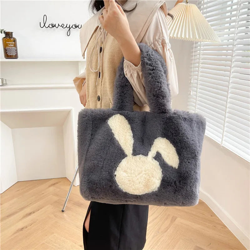 Plush cartoon rabbit ears shoulder bag in solid colour with large capacity design