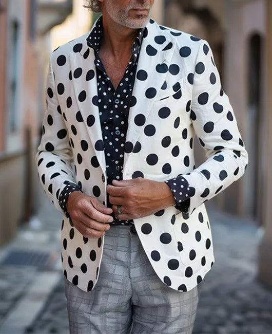Men's slim fit two-button suit jacket with large top stitching pockets in a black button-split colour.