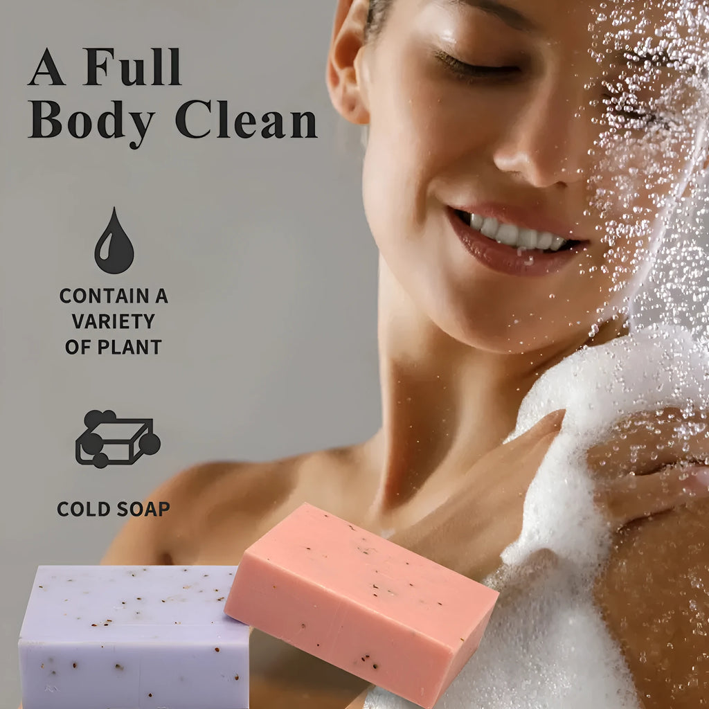Handmade frosted essential oil soap bar in botanical scents like lavender and green tea, 100g.