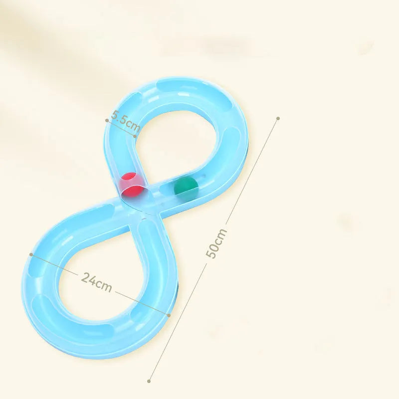 Blue and white cat turntable toy with ball track and teasing stick on wooden floor