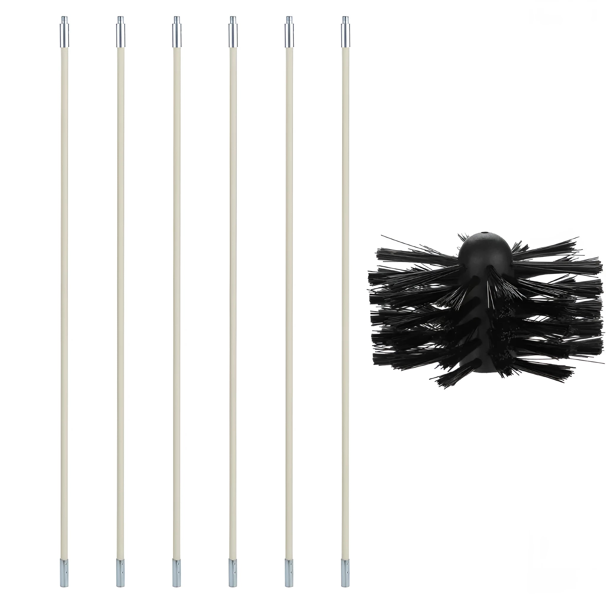Flexible chimney and dryer vent cleaning brush with nylon bristles, showing bendable pole.