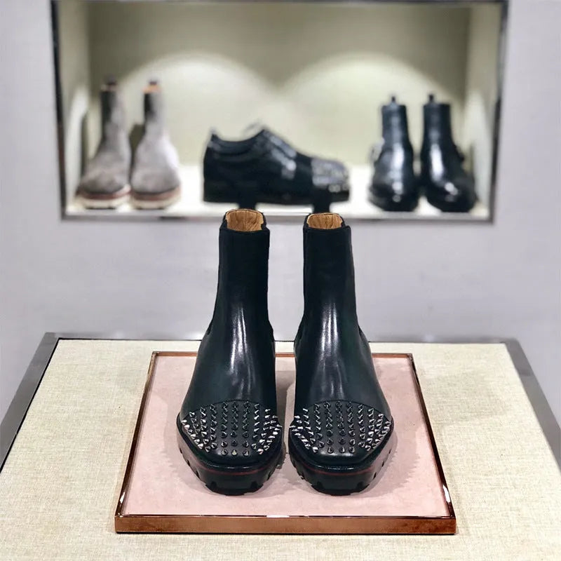Black high top leather business casual shoes with cowhide upper and leather sole