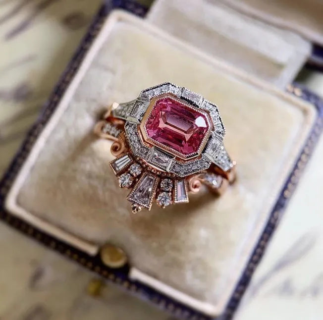 Rose gold retro style women's fashion ring with geometric ruby design in alloy material