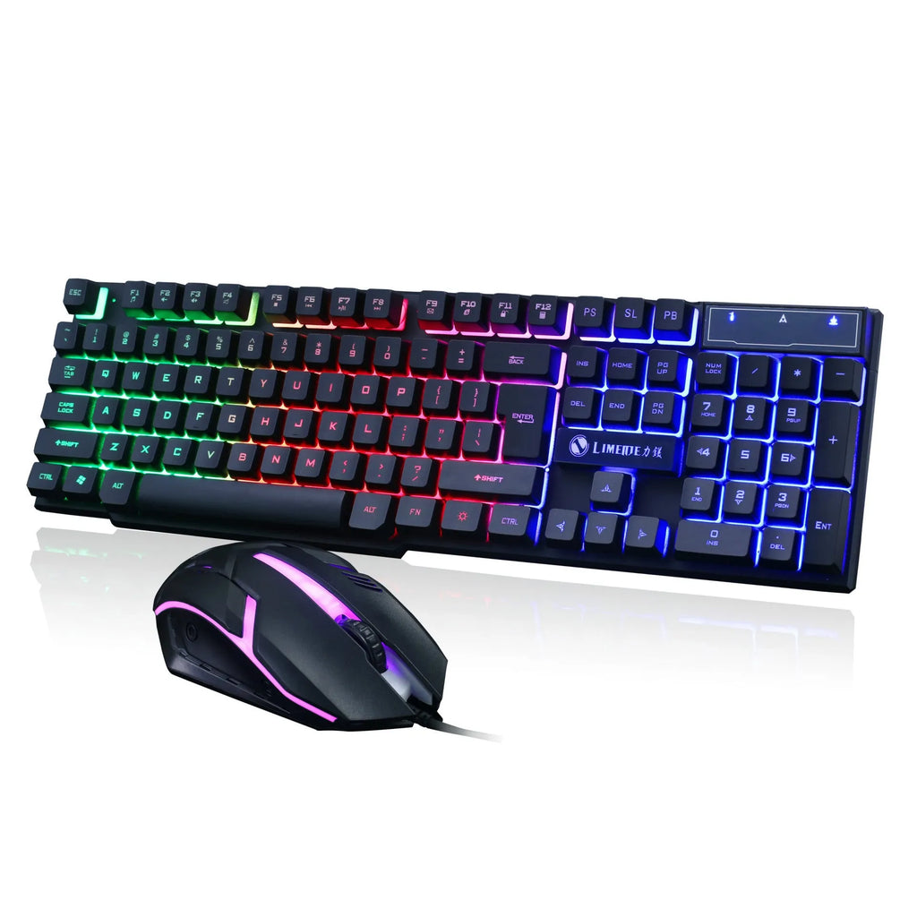 Limei GTX300 mechanical keyboard and mouse set with backlit keys on desktop