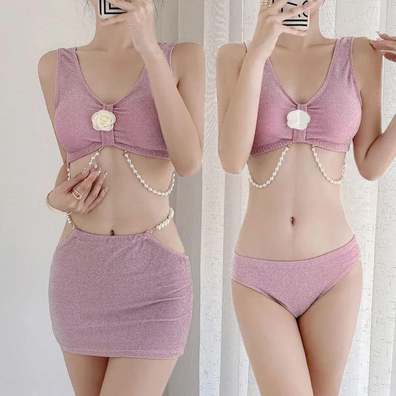 Black or pink bear vacation themed three-piece bikini swimsuit set for swimming.