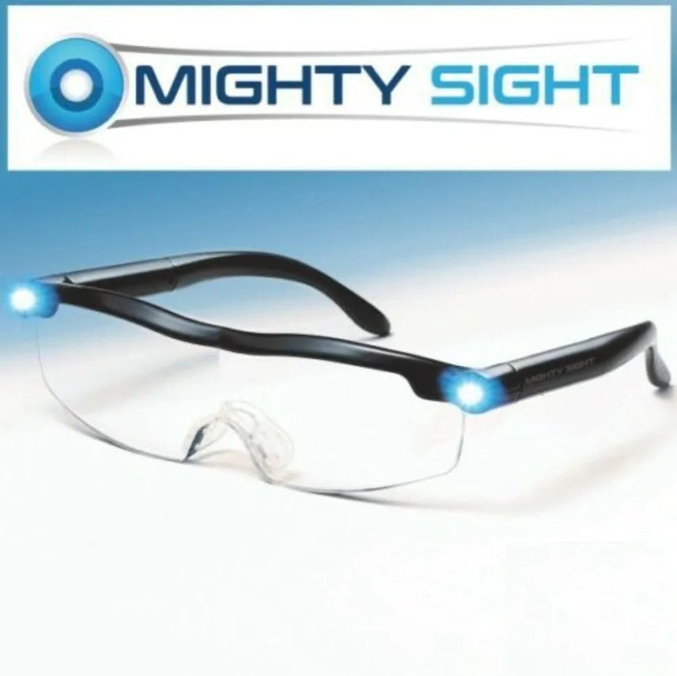 Transparent black USB LED reading glasses with illuminated frames on a dark background.