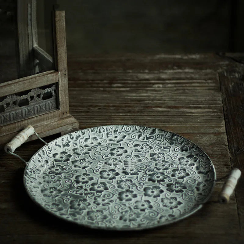 Round wrought iron metal storage tray in two sizes for jewellery and home organisation.
