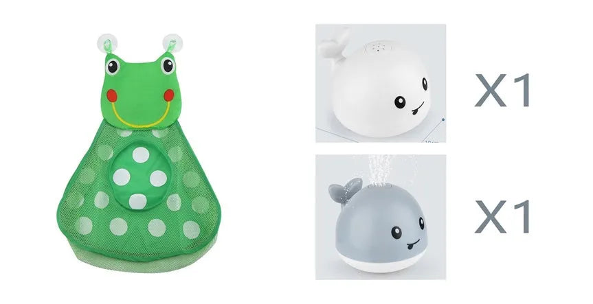 Automatic water spray whale bath toy with colourful LED lights floating in baby bath
